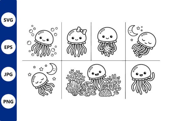 Cute Jellyfish Line Art Set: Graphics & Illustrations for Editorial Charm
