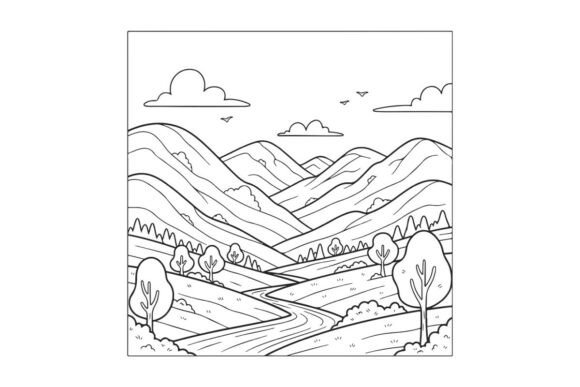 Gentle Landscape with River: Graphics & Coloring Pages Amp