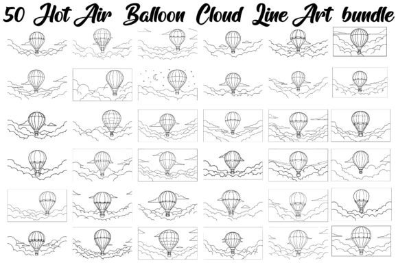 Hot Air Balloon Cloud Line Art Bundle