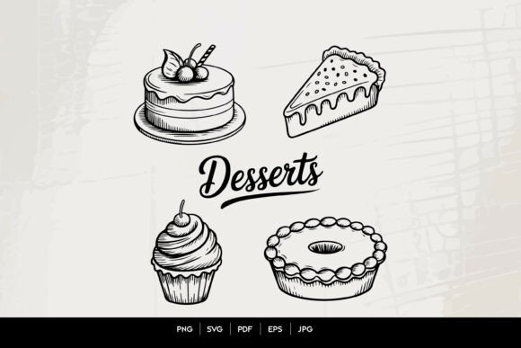 Vintage Desserts Line Art Set: Graphics for Crafts